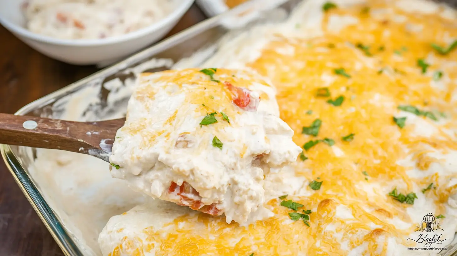 A baking dish filled with creamy white chicken enchiladas, topped with melted cheese and fresh cilantro.