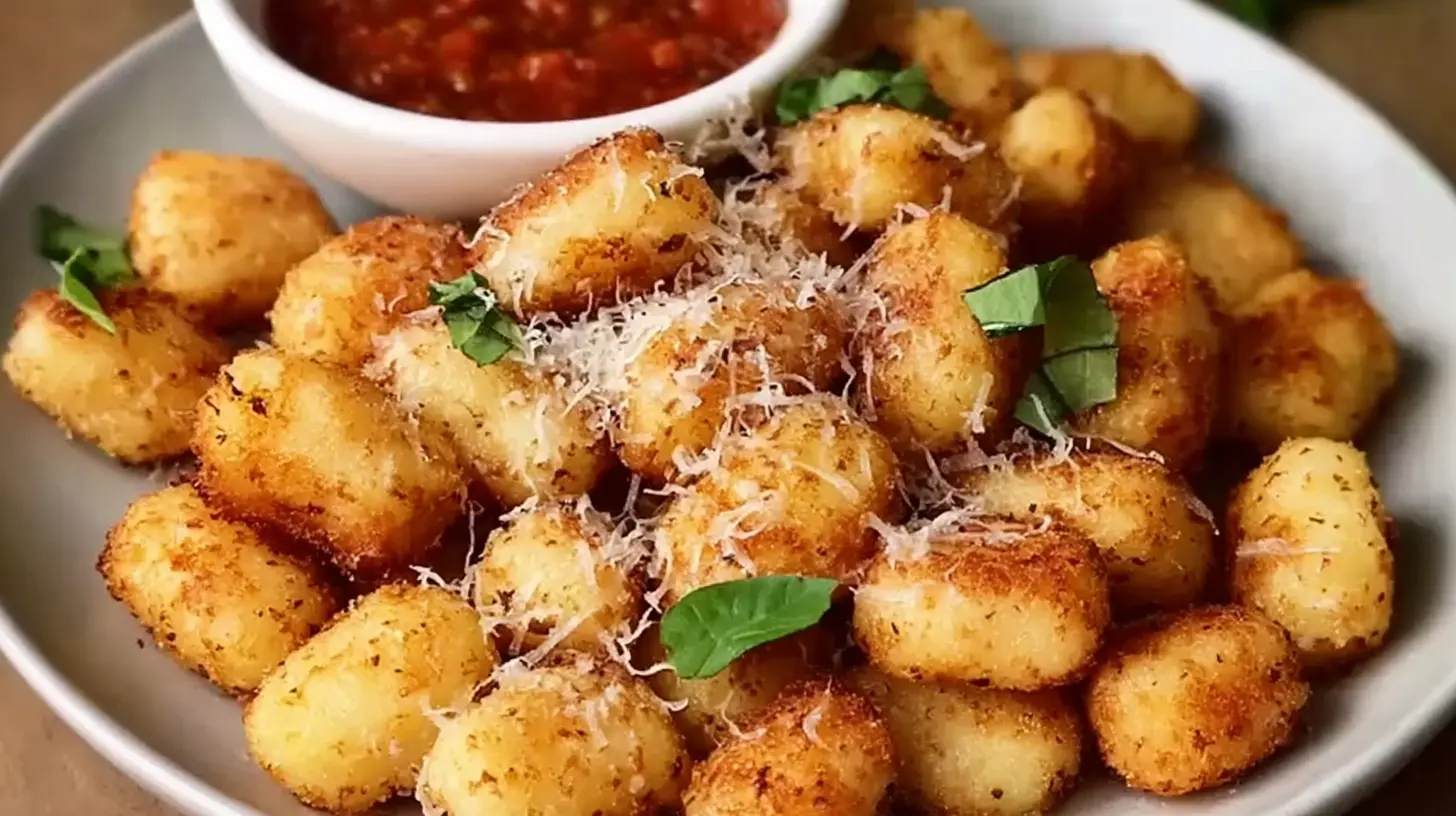 A close-up of crispiest air fryer gnocchi, golden brown and perfectly cooked.