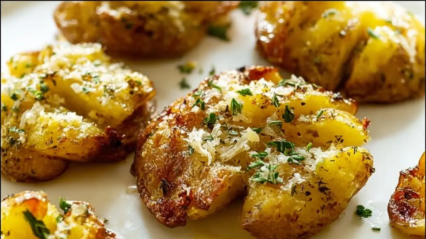 A close-up of crispy baked smashed potatoes, seasoned and golden brown