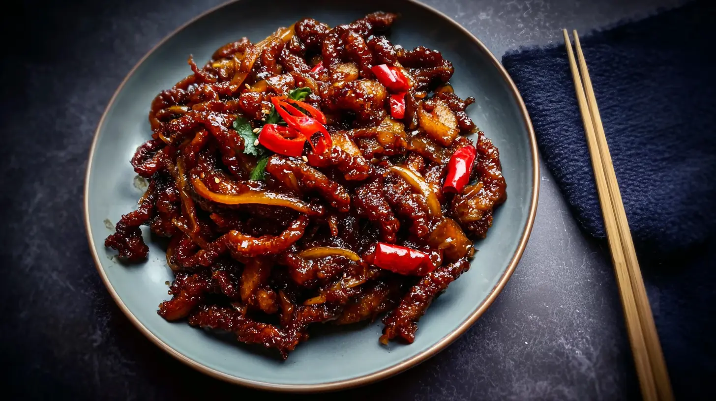 Close-up of crispy chilli beef garnished with spring onions.