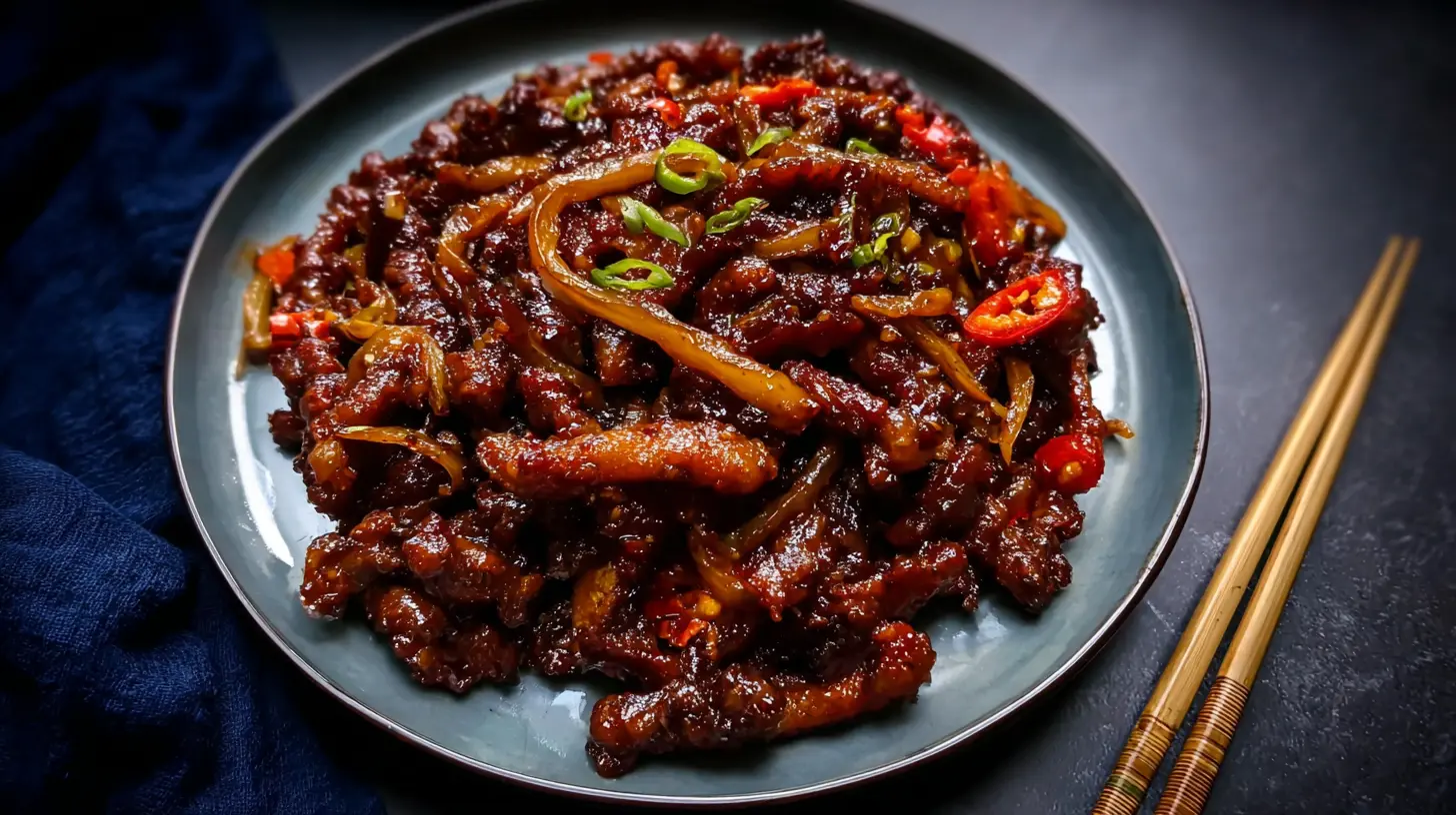 A plate of crispy chilli beef with a glossy sauce.