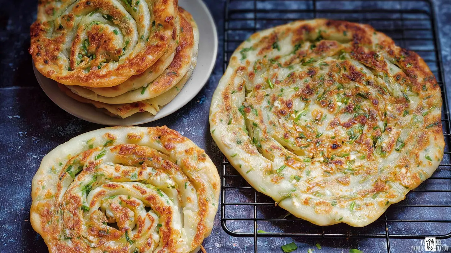 A close-up of crispy Chinese scallion pancakes with golden-brown edges.