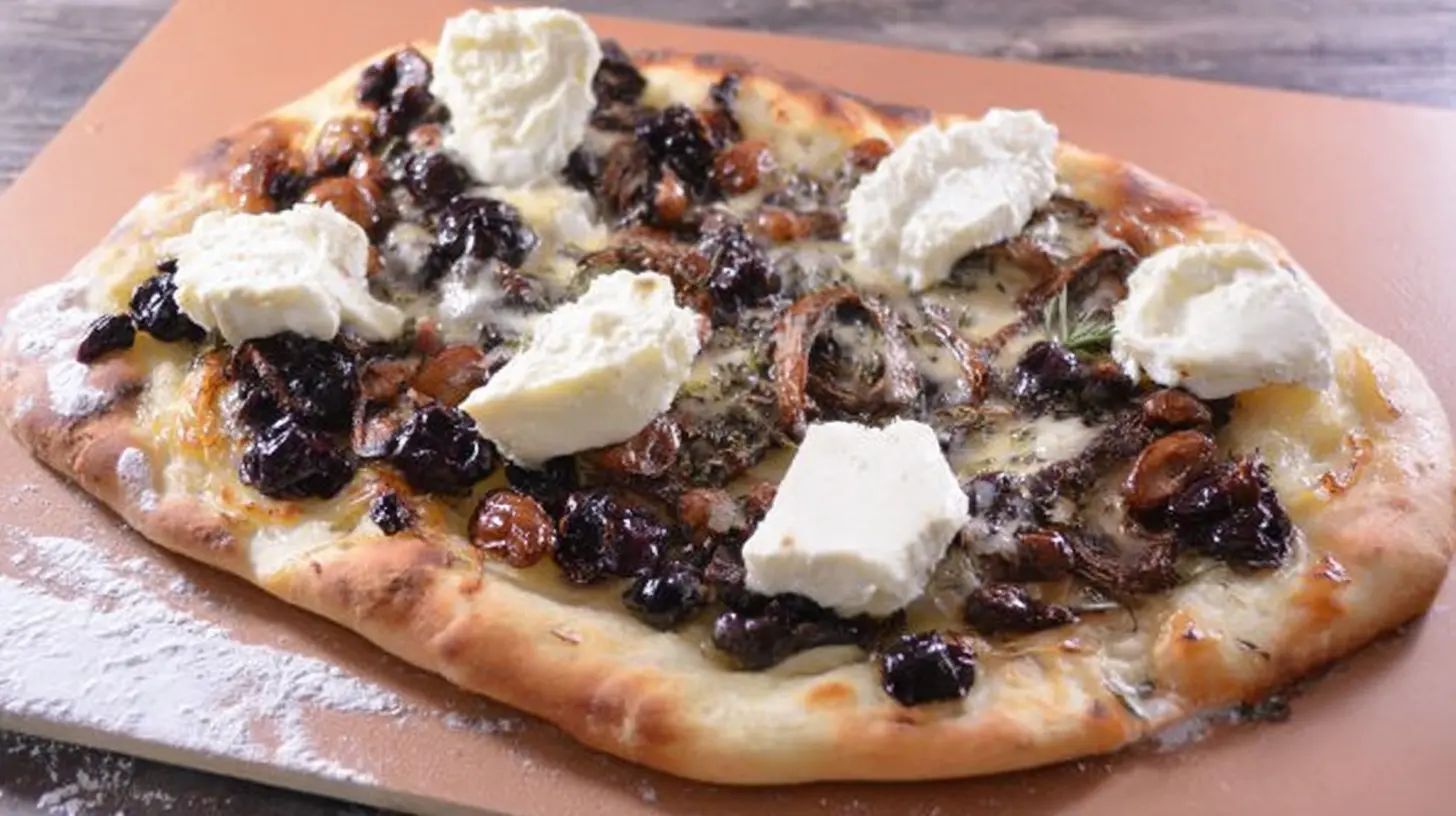 Close-up of crispy flatbread with melted brie cheese and dried cranberries