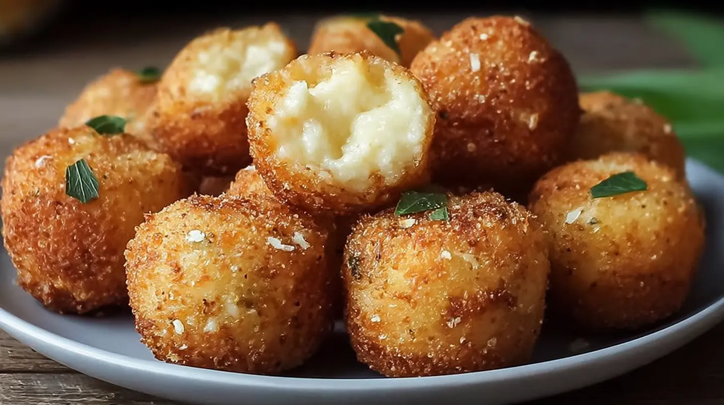 Golden brown crispy mashed potato cheese bites, fresh out of the oven