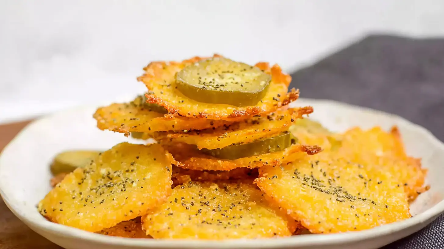 Golden brown crispy pickle cheese bites on a serving platter