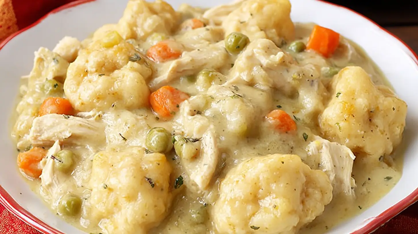Hearty crockpot chicken and dumplings in a ceramic bowl