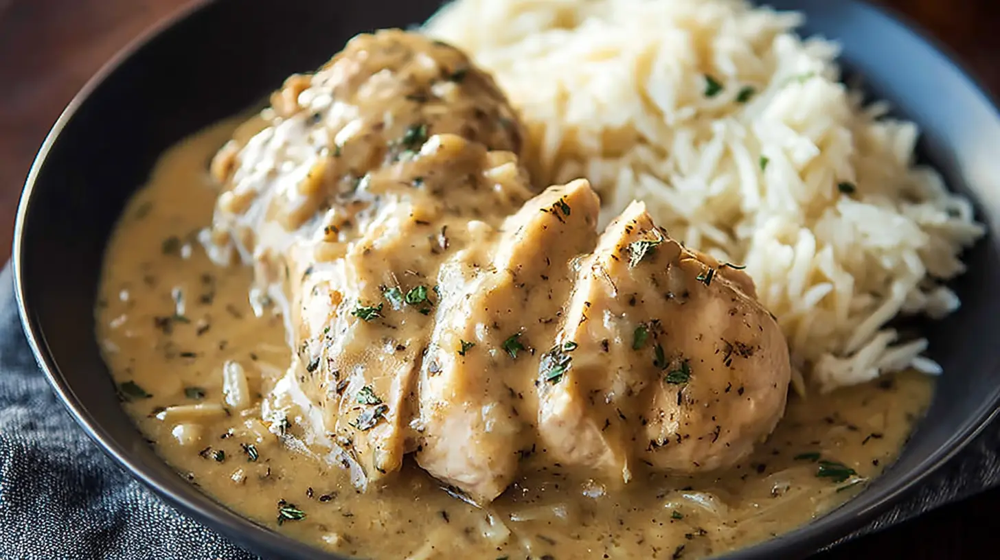 A serving of tender crockpot chicken & gravy presented attractively.