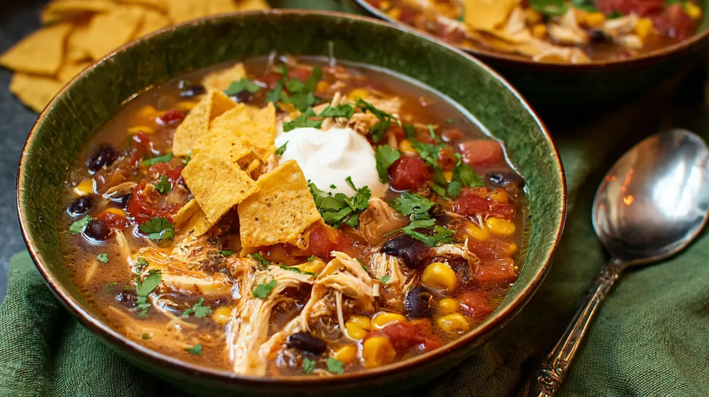 A steaming bowl of Crockpot Chicken Tortilla Soup with fresh toppings