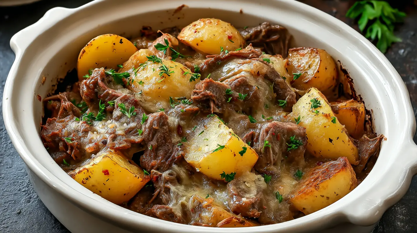 A crockpot loaded steak and potato bake, hot and ready to serve.