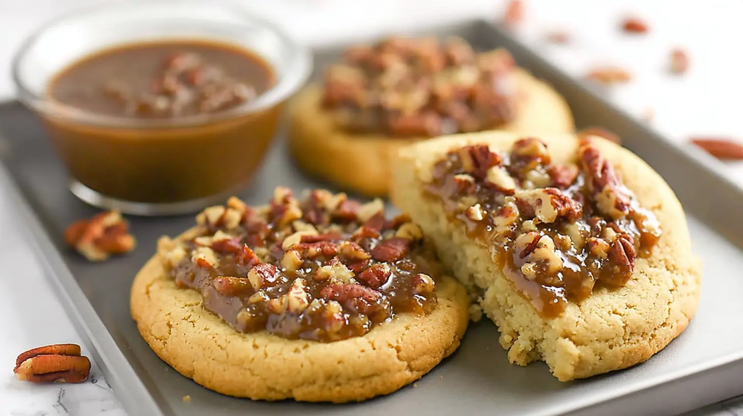 A close-up of delicious Crumbl Copycat Pecan Pie Cookies arranged neatly on a cooling rack.