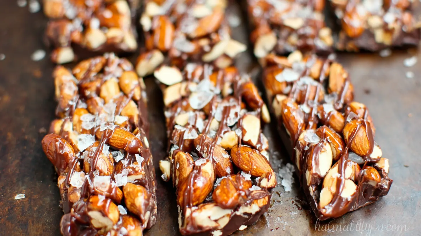 A close-up of dark chocolate and sea salt nut bars, showcasing the various nuts and chocolate drizzle.