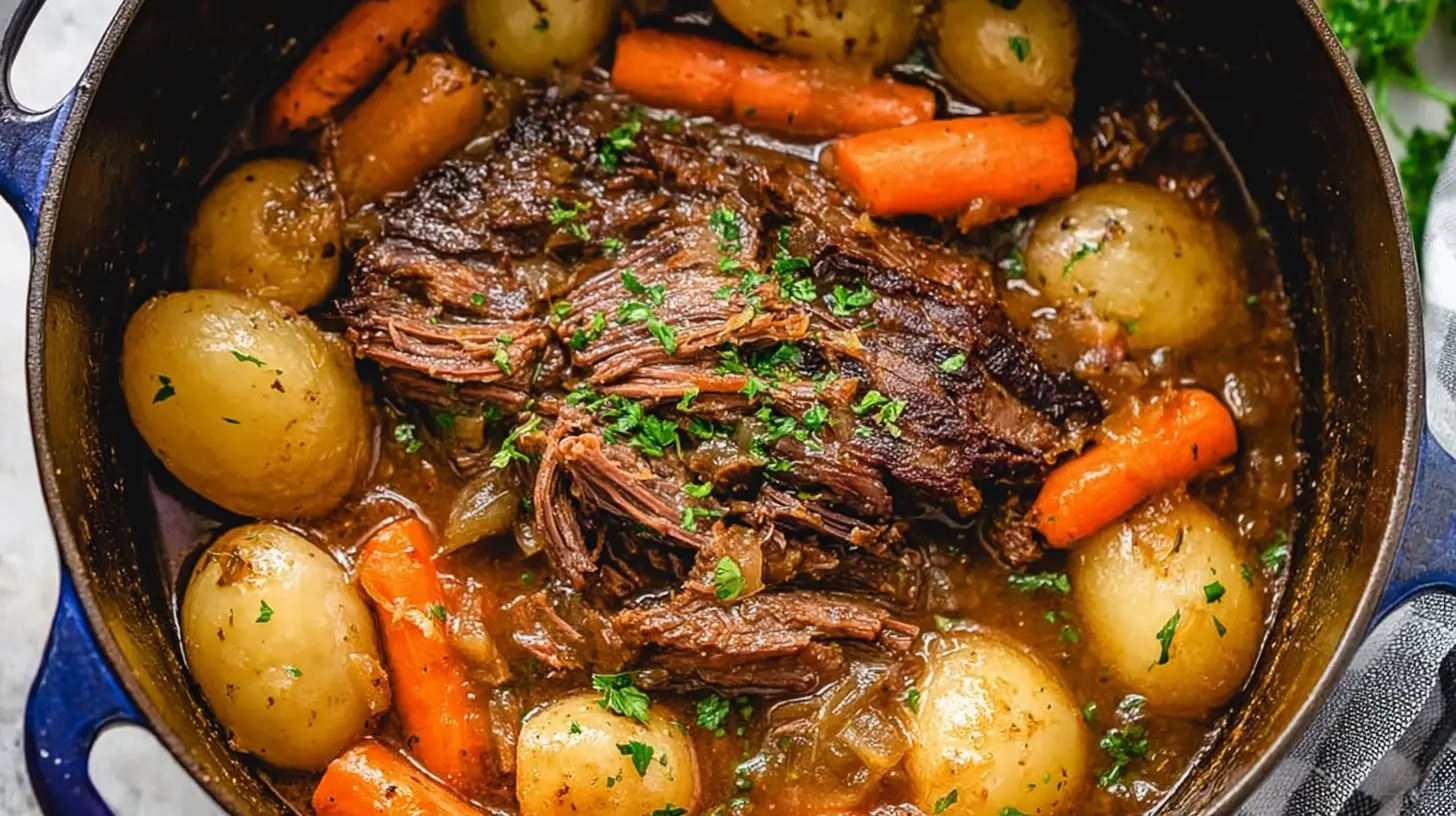 A savory pot roast cooking in a heavy Dutch oven