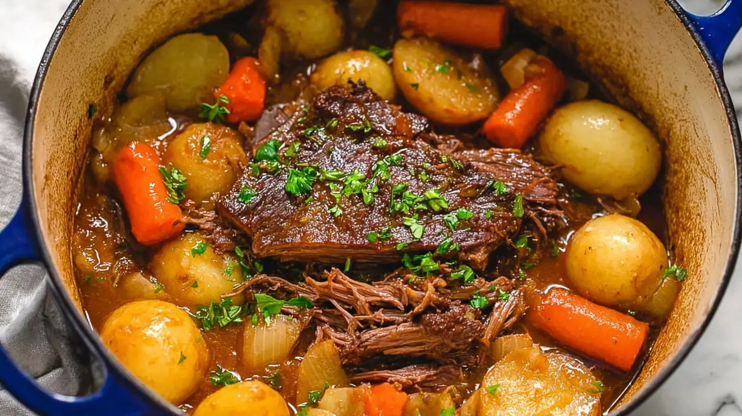 A tender Dutch Oven Pot Roast, ready to serve