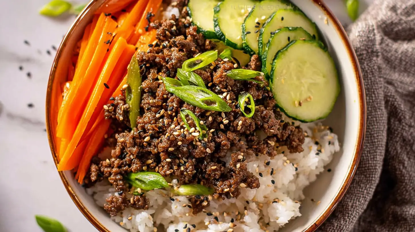 Close-up of a Korean Ground Beef Bowl with fluffy white rice, vibrant vegetables, and a savory sauce.