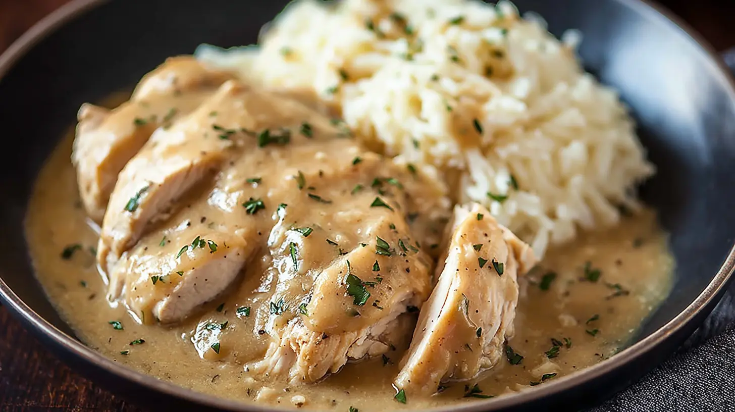 Delicious slow-cooked crockpot chicken covered in rich gravy.