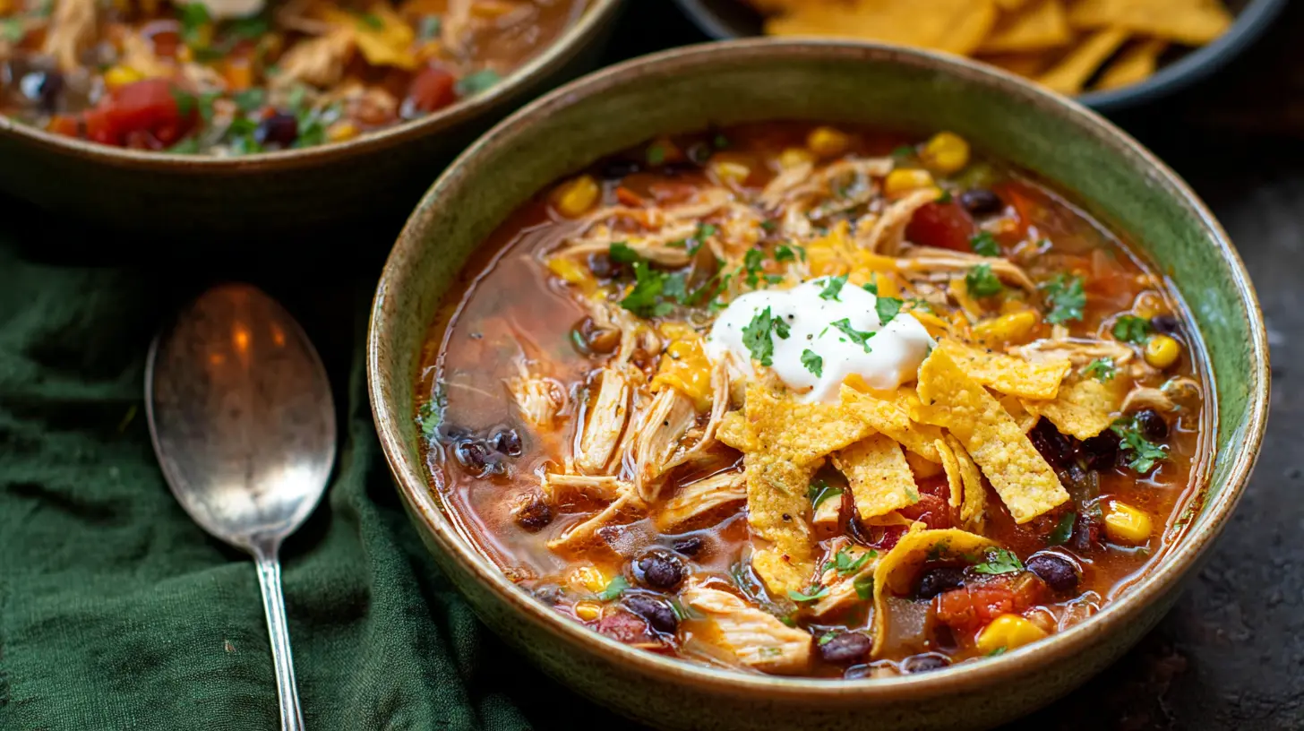 Delicious Crockpot Chicken Tortilla Soup garnished with avocado and cilantro