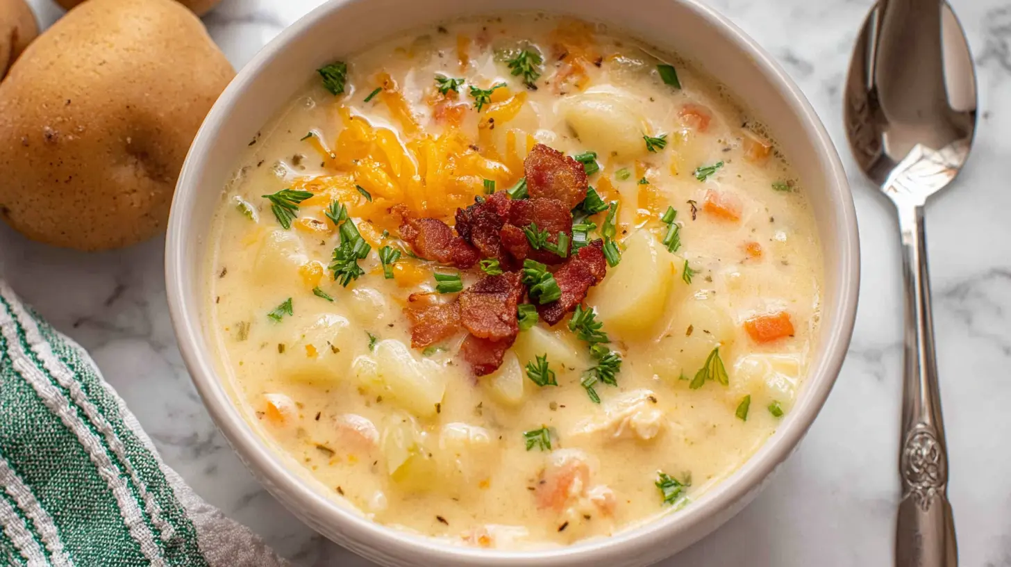 A hearty bowl of easy Crockpot potato soup, garnished with chives.