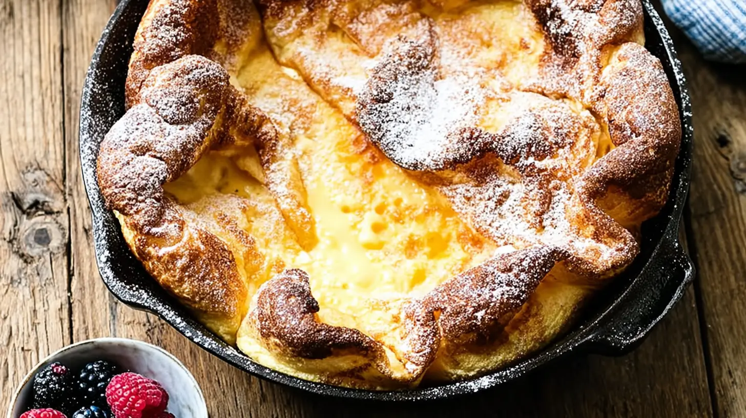 A fluffy, golden easy German pancake, fresh from the oven and dusted with powdered sugar.