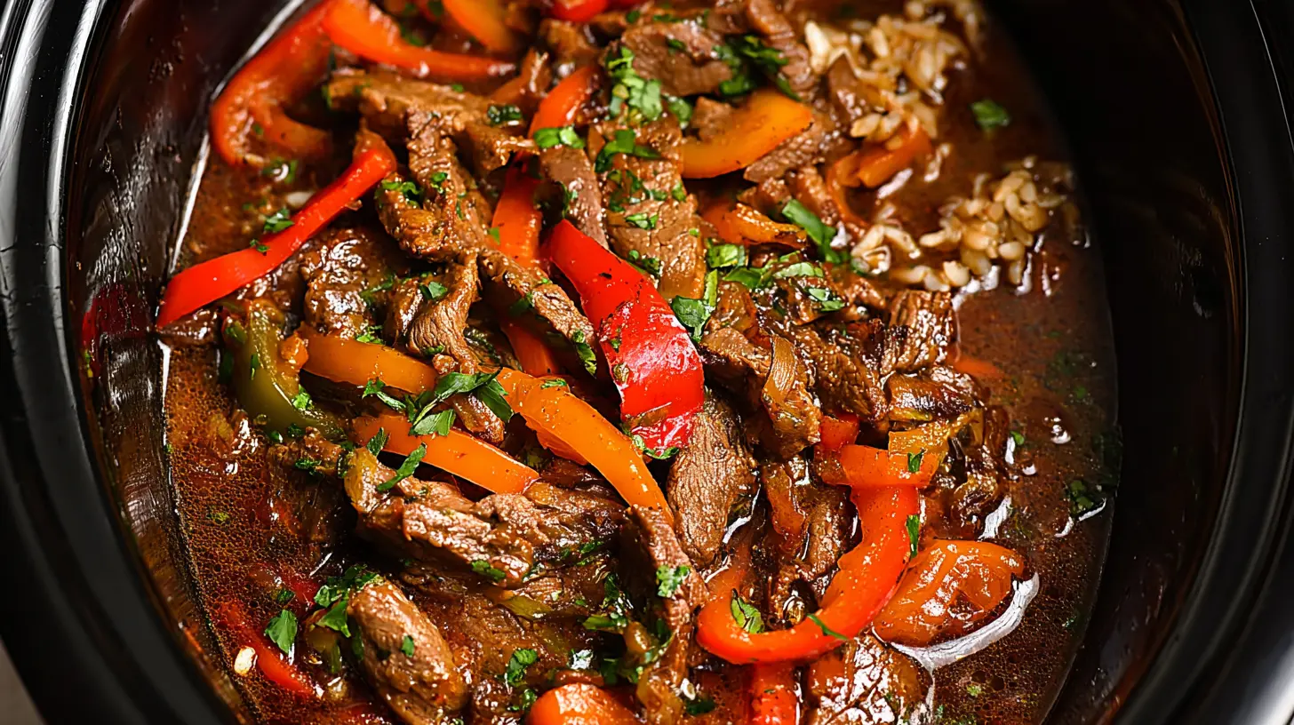 A serving of easy slow cooker pepper steak with tender beef and colorful bell peppers