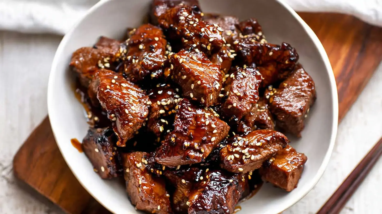 Tender sweet and sticky steak bites, perfectly seared and sauced.