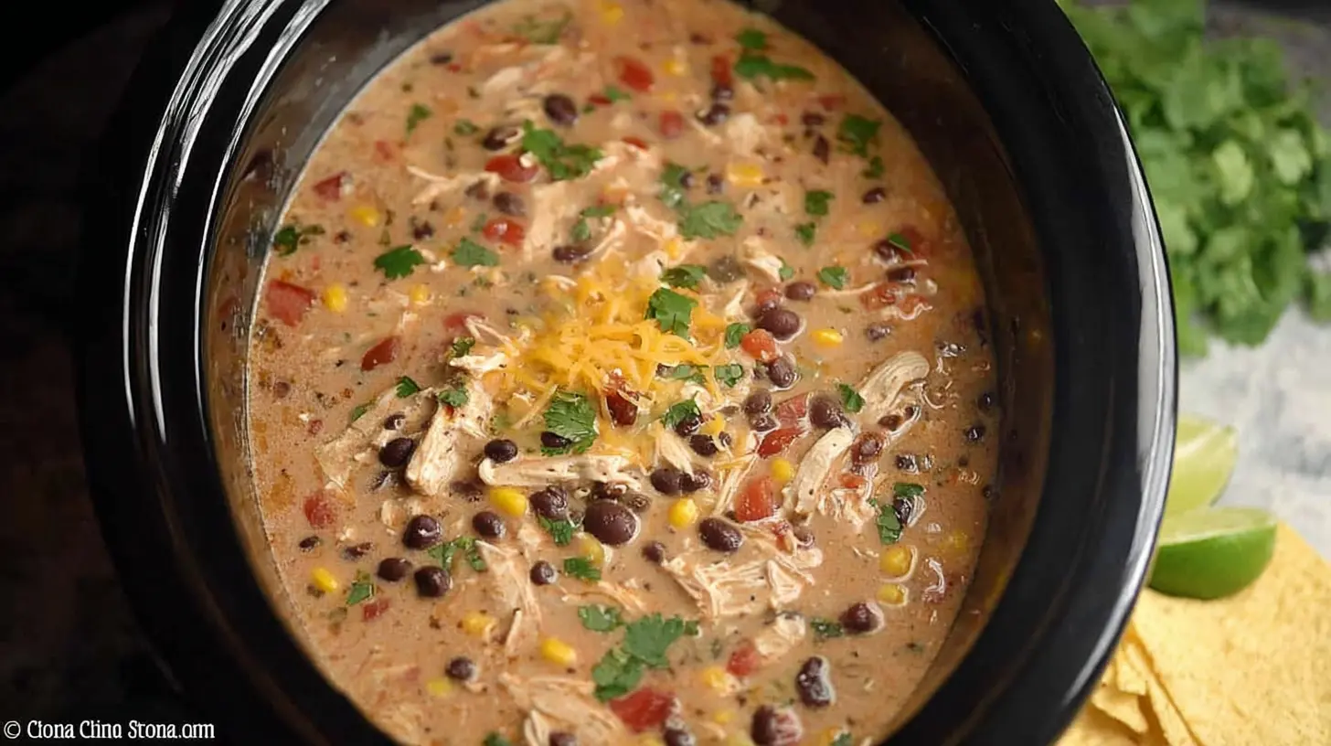 Delicious slow cooker fiesta chicken soup simmering in a pot