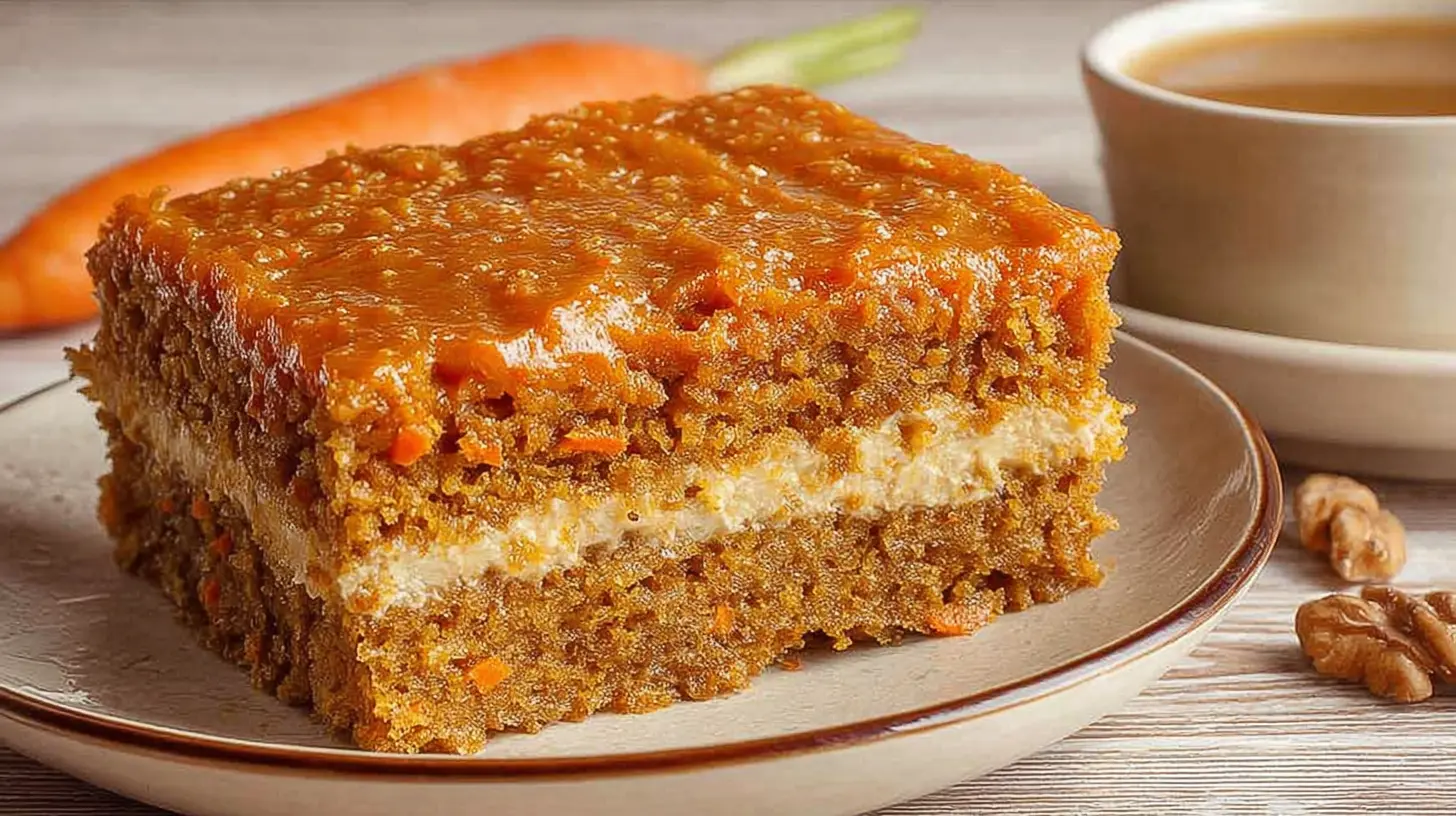 A delicious square of flourless oatmeal carrot bake, moist and golden.