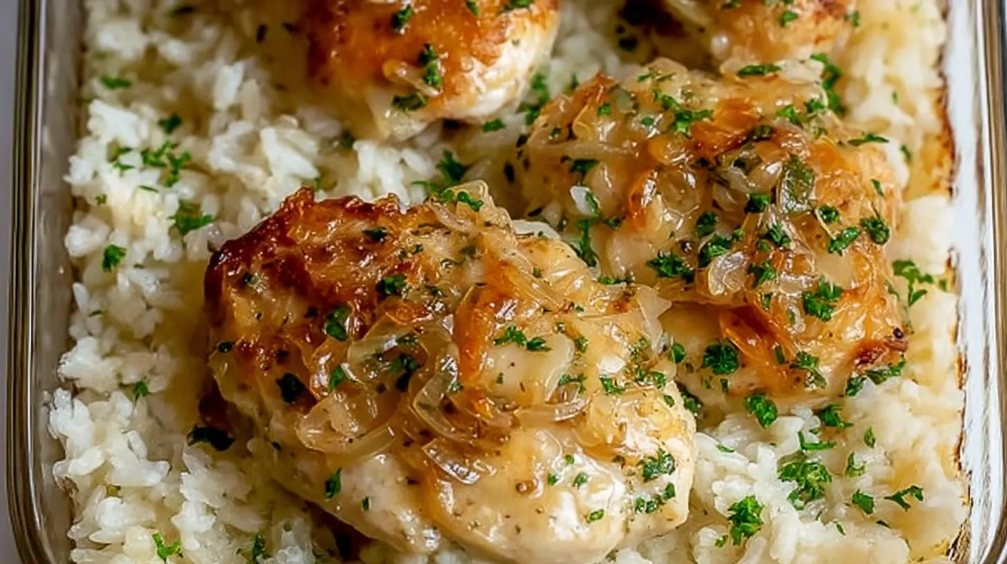 Delicious Forgotten Chicken and Rice casserole cooked to perfection