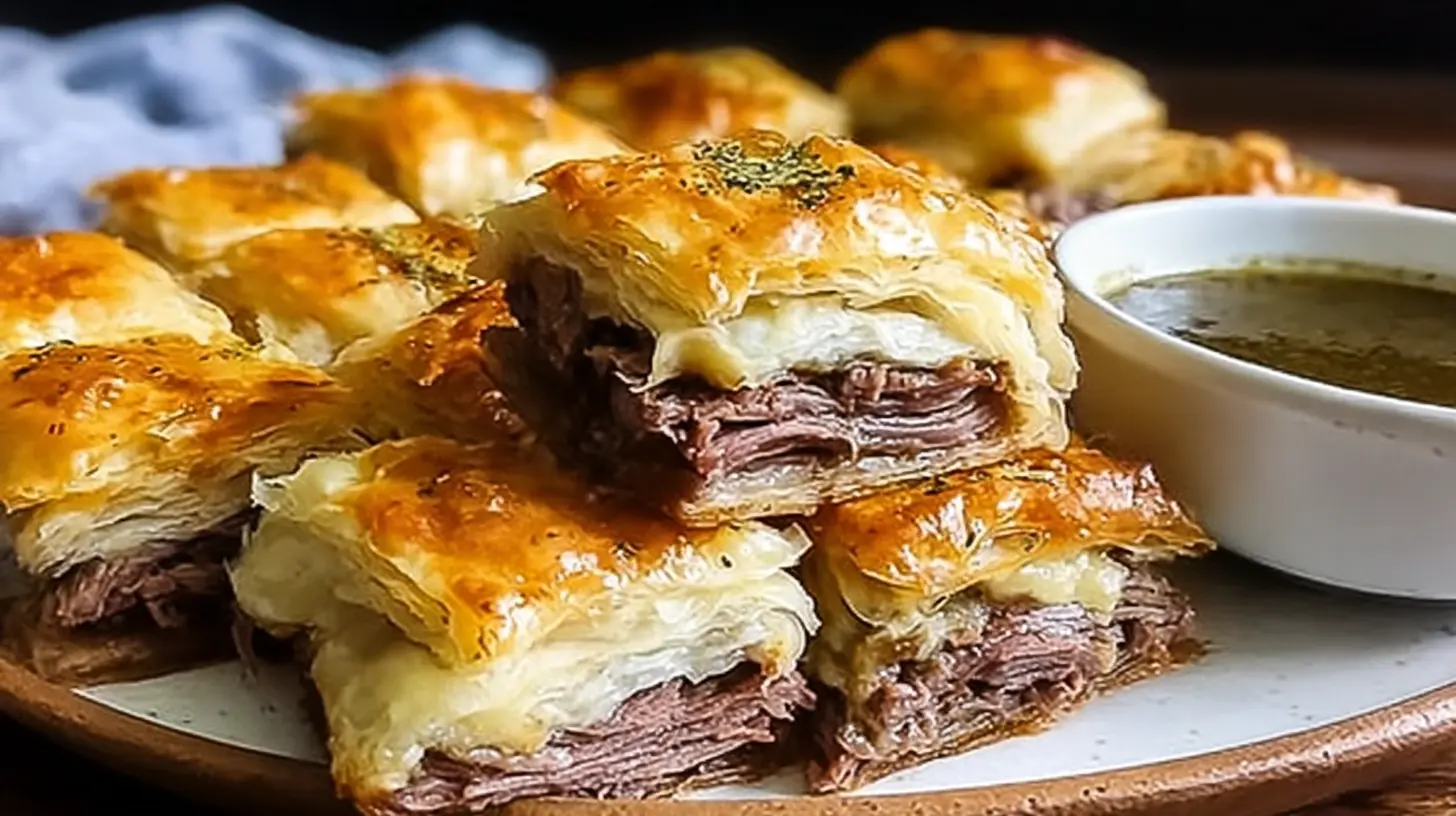 A tray of golden-baked French Dip Squares, ready to serve