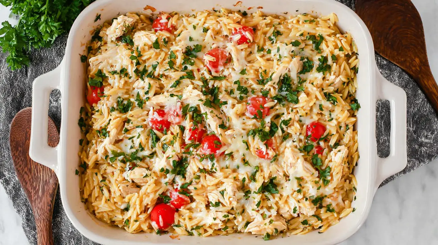 A steaming French Onion Chicken Orzo Casserole, freshly baked and bubbling.