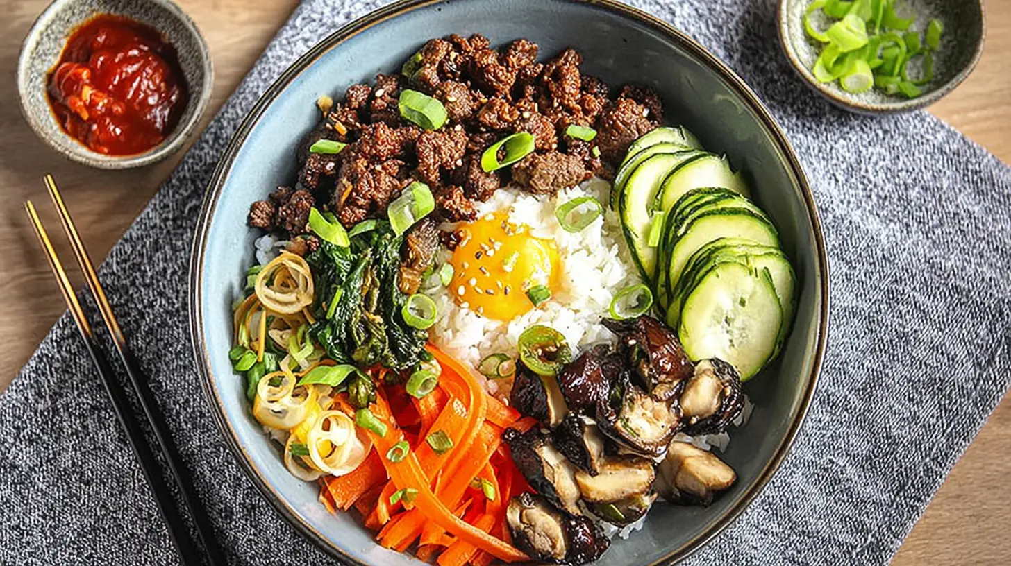 Close-up of a Korean bibimbap bowl featuring marinated beef and a fried egg
