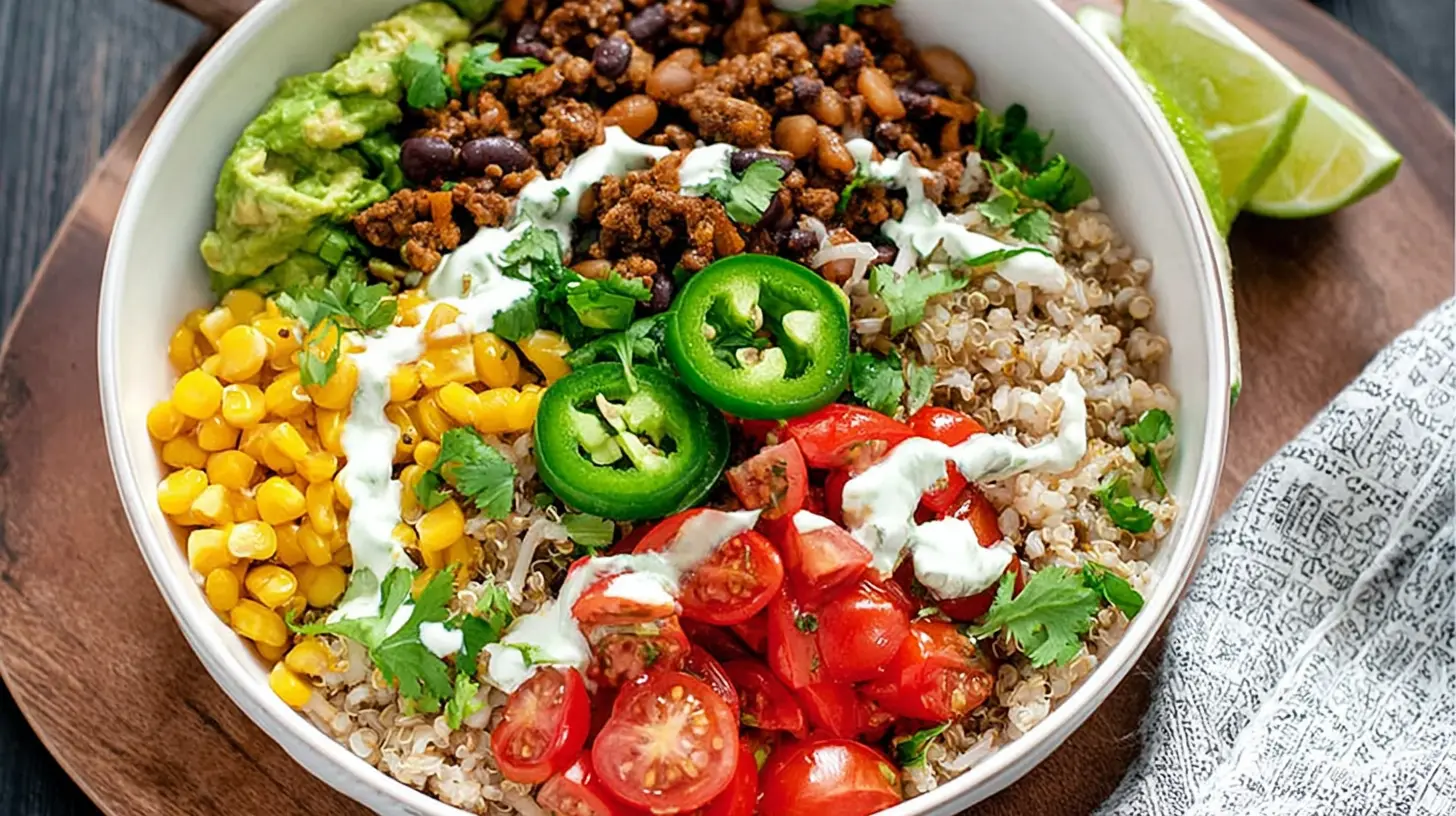 Delicious taco rice bowl featuring seasoned ground meat and colorful toppings