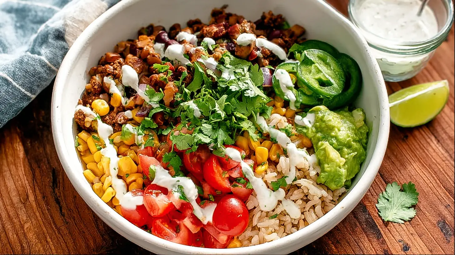 Overhead view of a colorful taco rice bowl featuring mixed ingredients