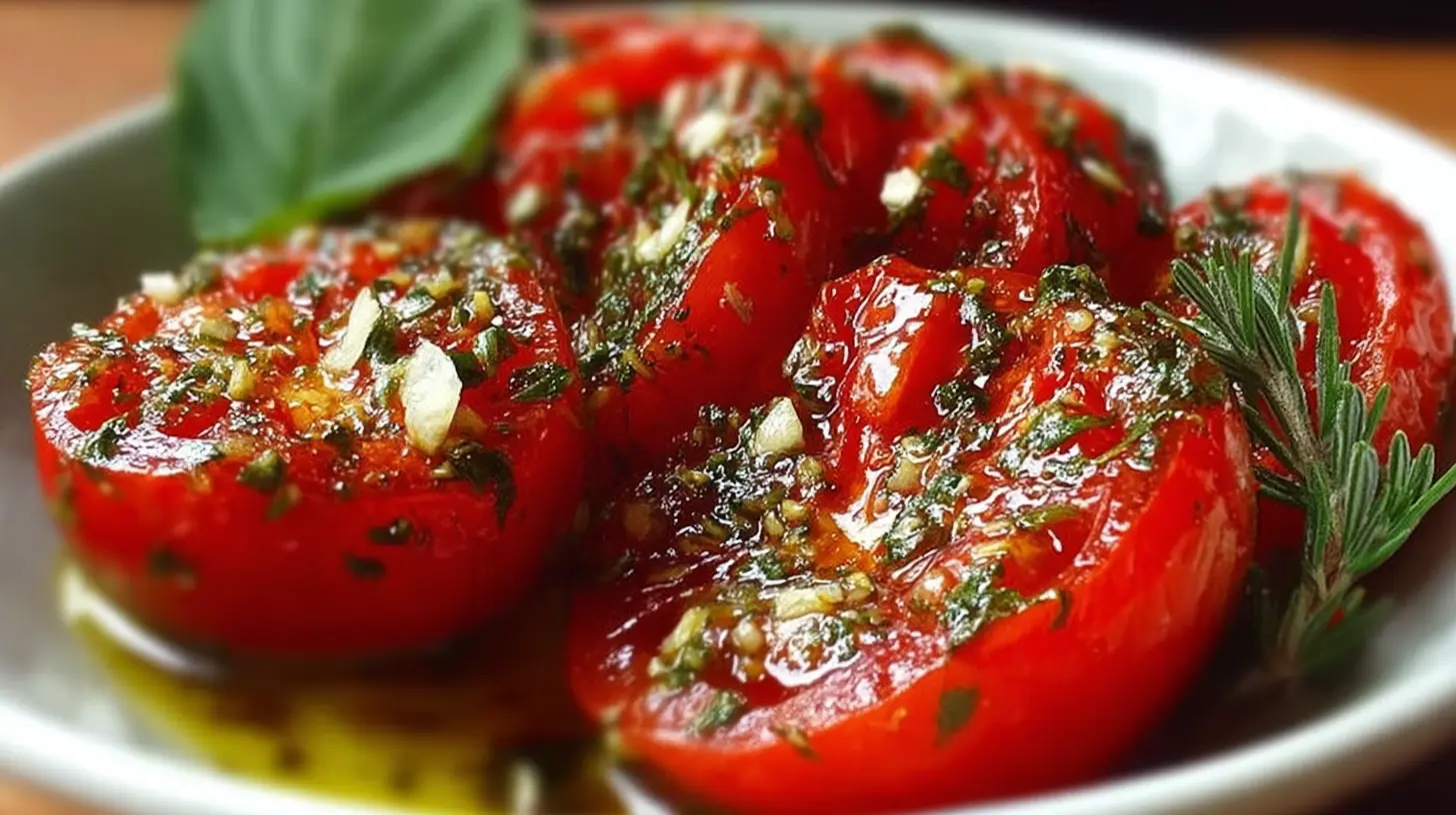 Fresh tomatoes soaking in an herb marinade