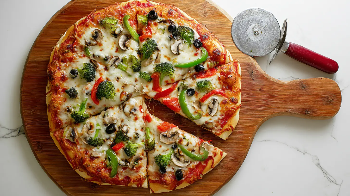 A freshly baked vegetable pizza topped with vibrant vegetables.
