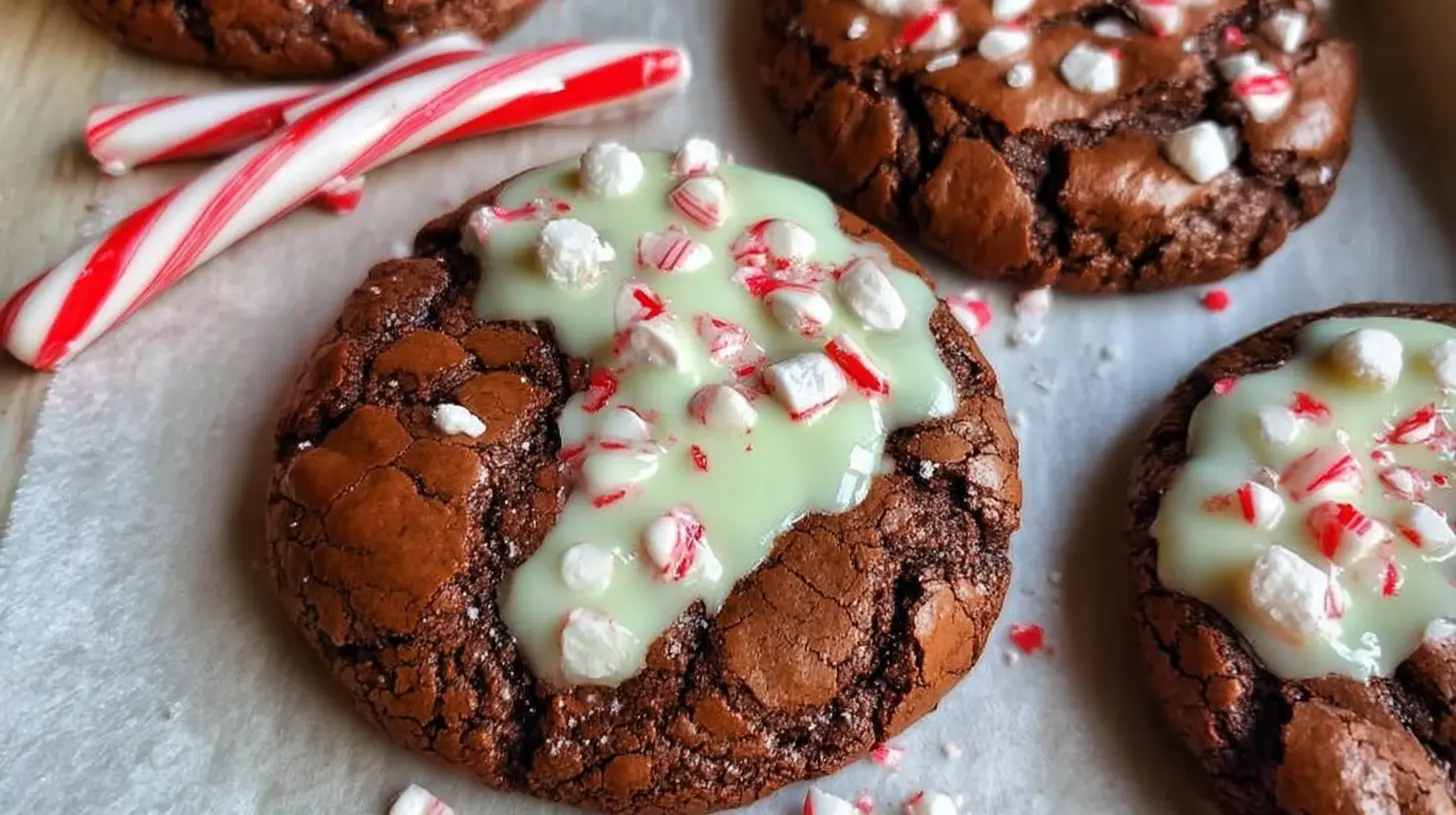 A close-up of delicious fudgy peppermint brownie cookies with vibrant red and white sprinkles.