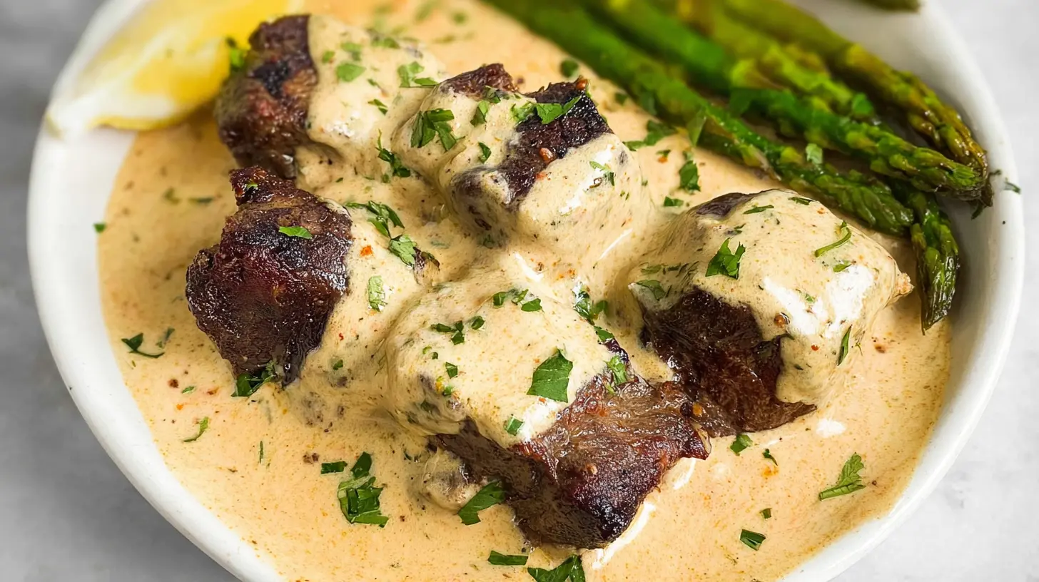 A close-up of garlic butter steak drizzled with parmesan cream sauce.