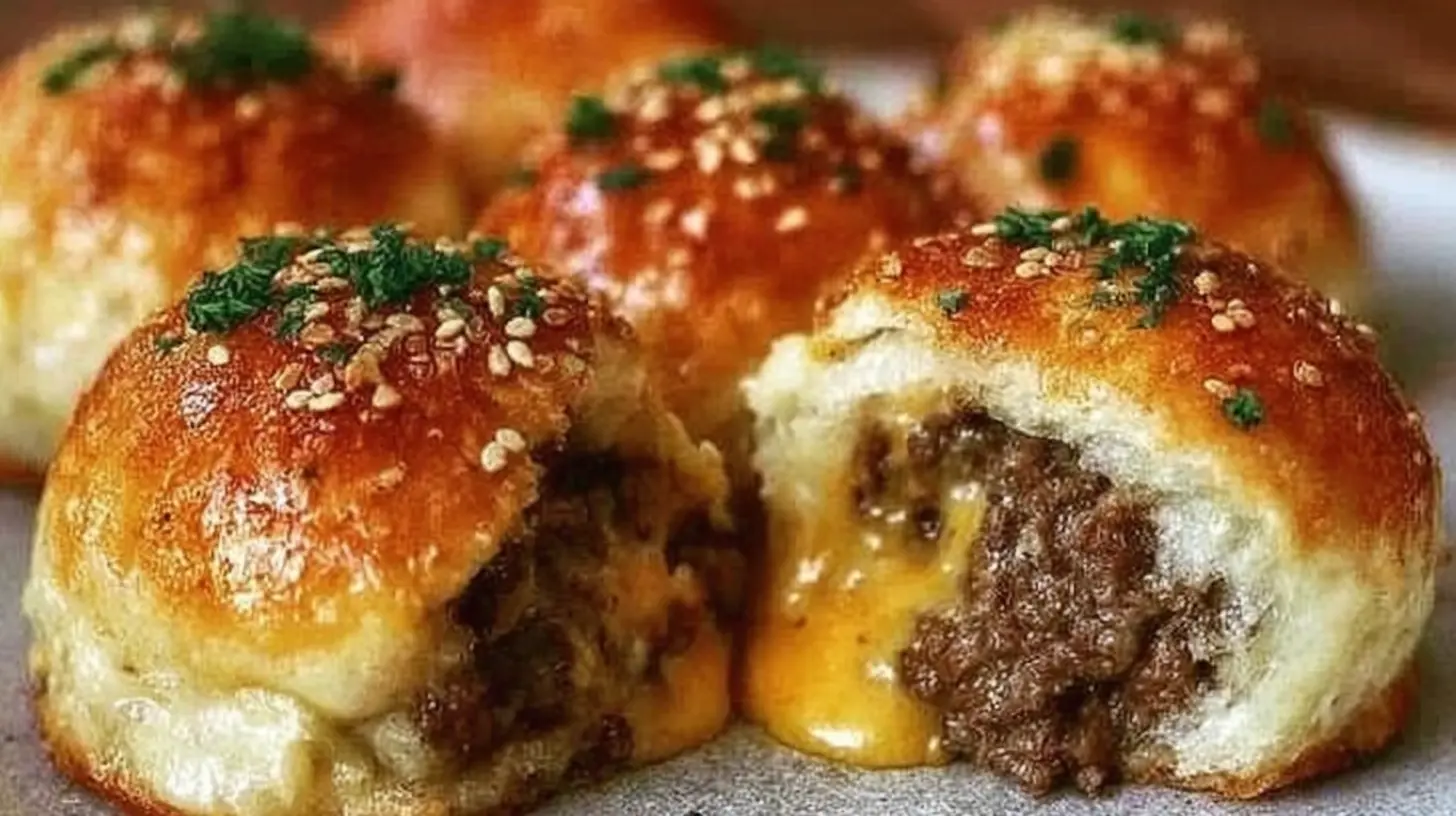 A close-up image of baked Garlic Parmesan Cheeseburger Bombs, glistening with cheese and herbs.