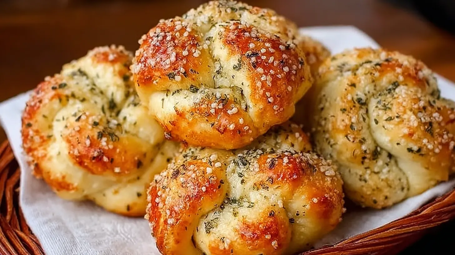 Golden brown Parmesan garlic knots sprinkled with herbs.