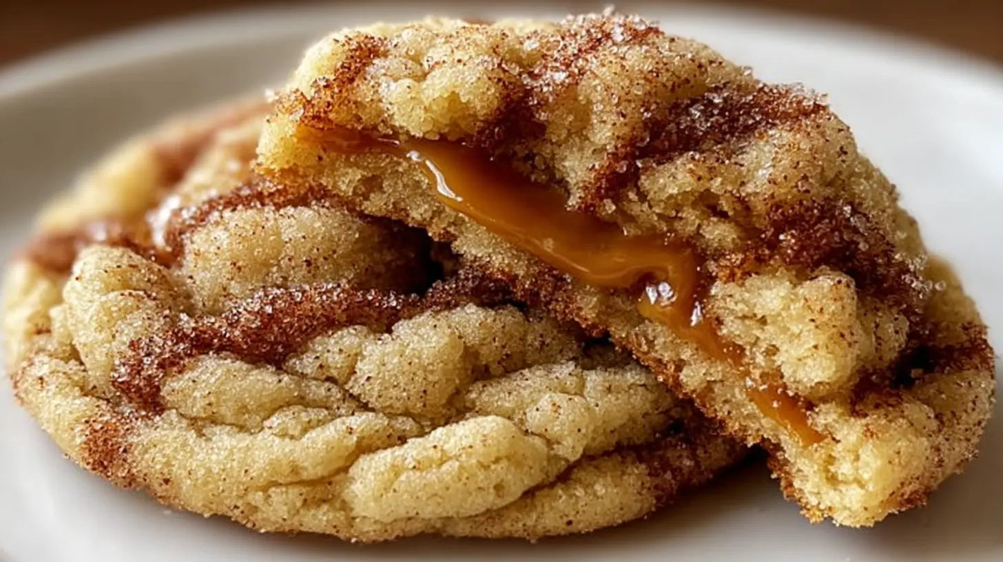 Close-up of brown sugar cinnamon caramel cookies with a gooey center