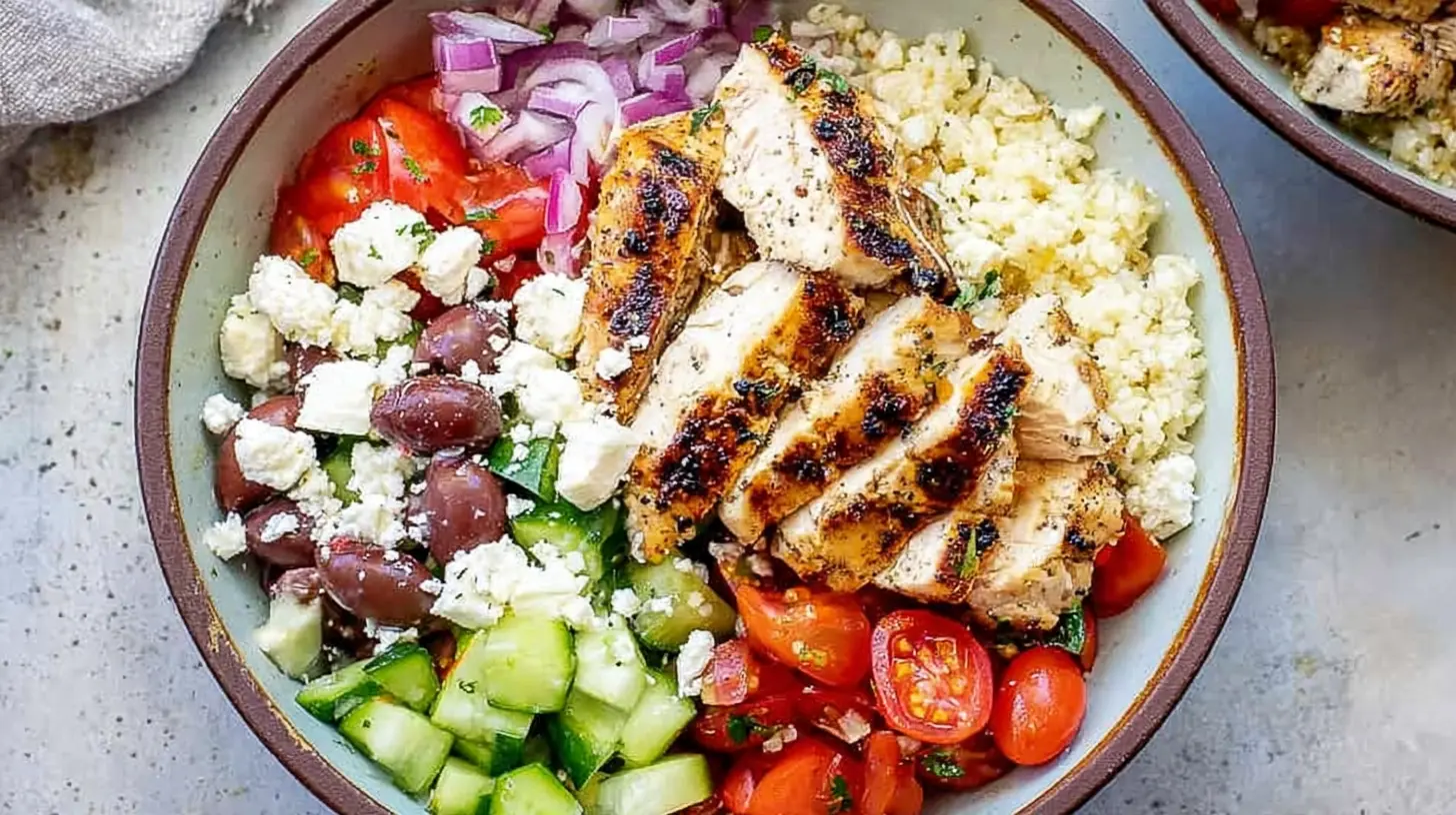 A vibrant Greek chicken bowl with fresh vegetables and feta cheese