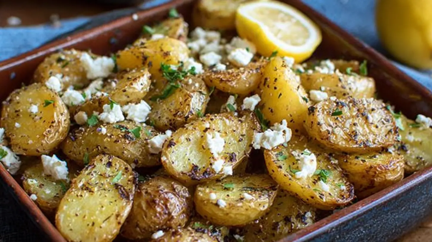 Close-up of Greek roast potatoes with lemon and crumbled feta cheese