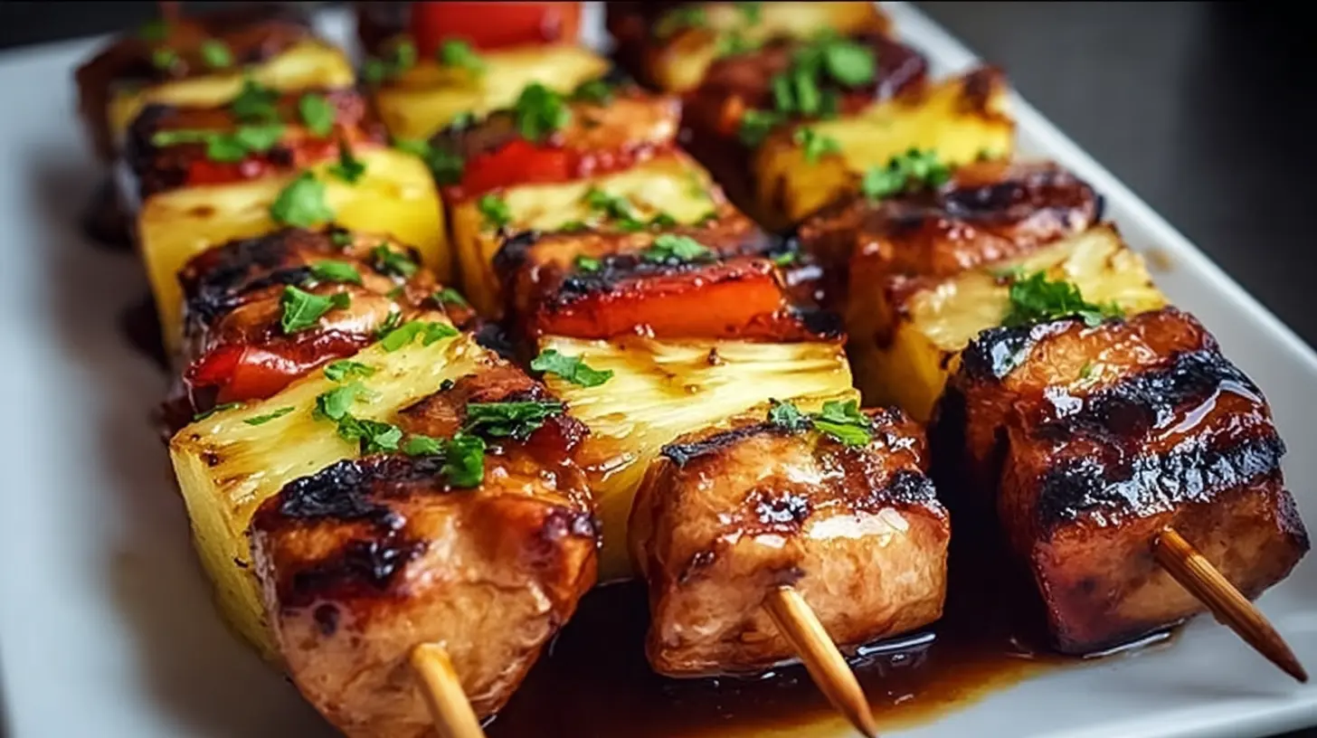 Delicious grilled BBQ pineapple chicken kabobs with colorful vegetables.