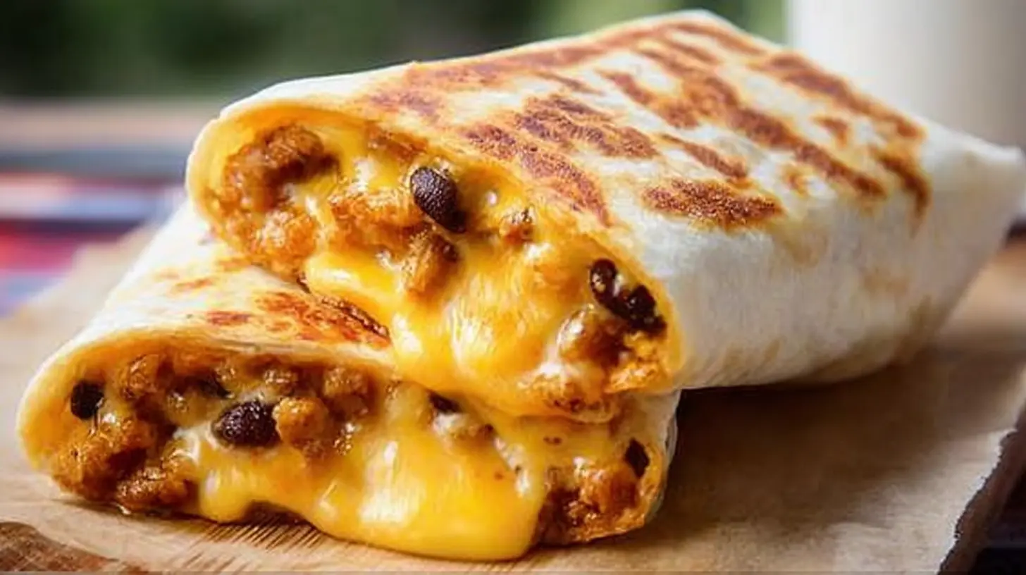 A mouthwatering grilled cheese burrito showing melted cheese inside.