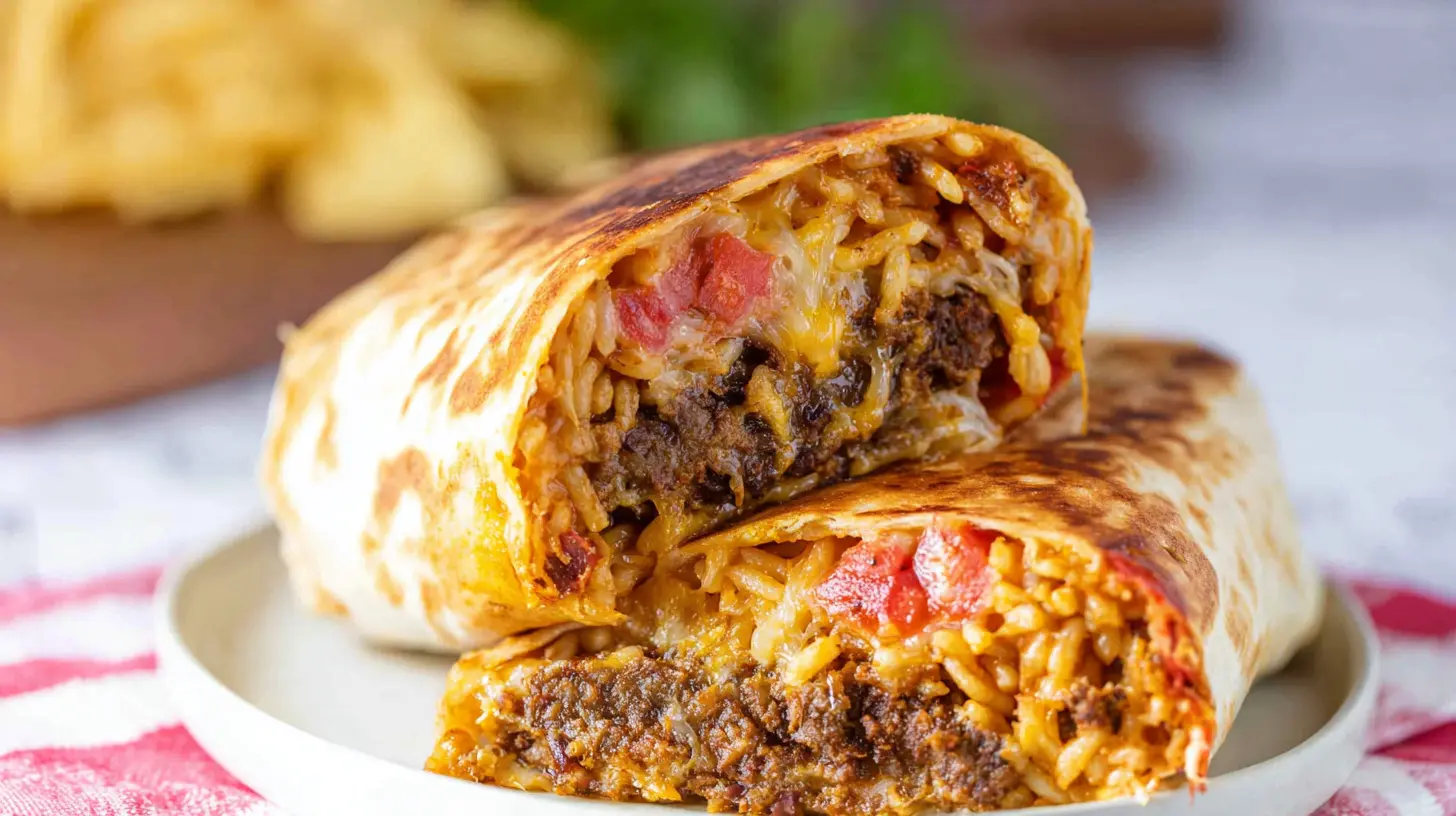 A freshly made grilled cheese burrito with a golden brown tortilla