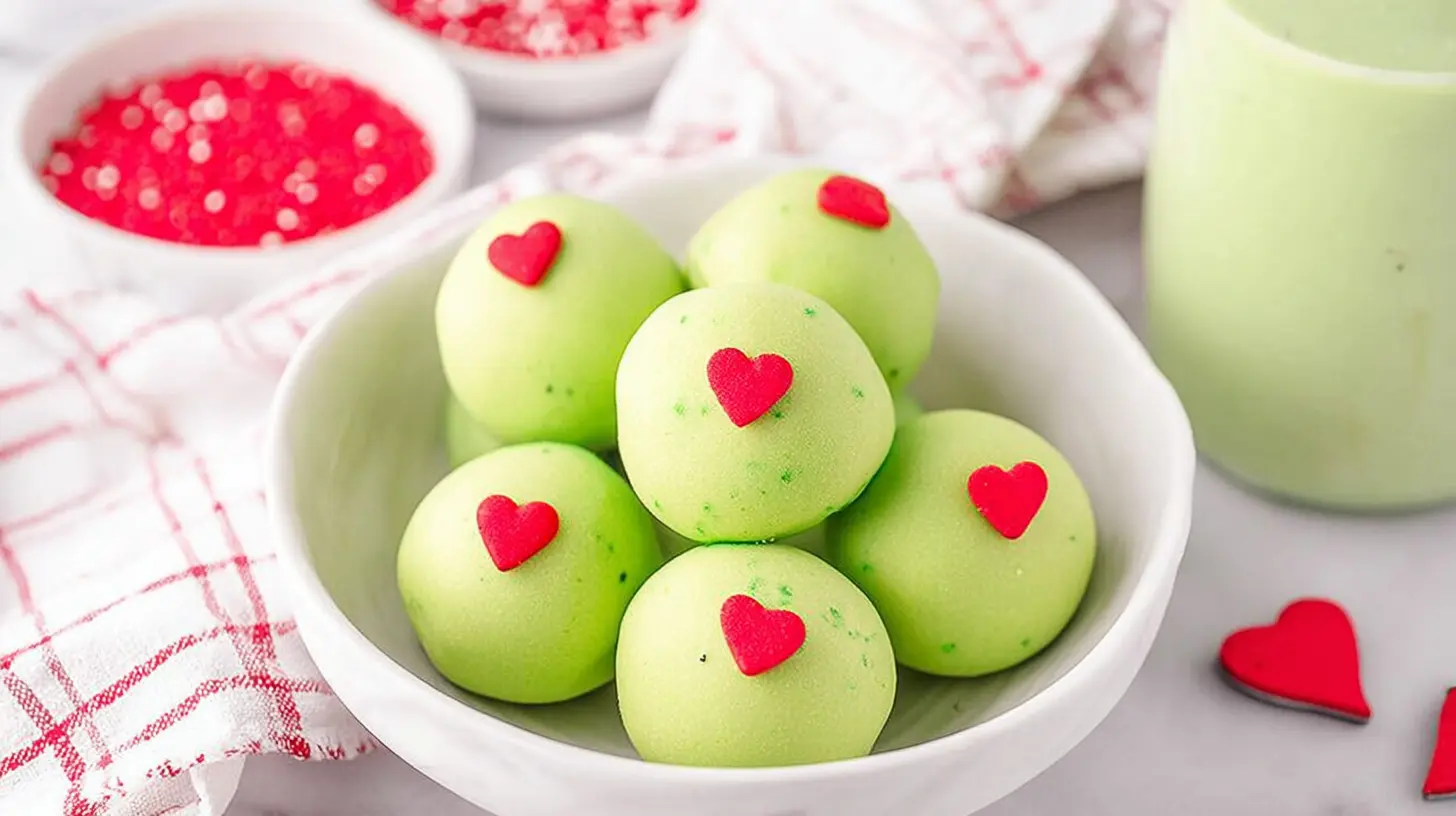 Grinch Oreo truffles with red hearts on a platter