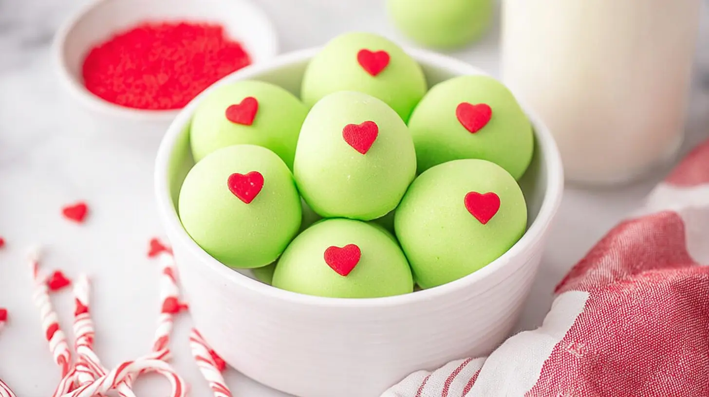 Bright green Grinch Oreo truffles, heart-topped