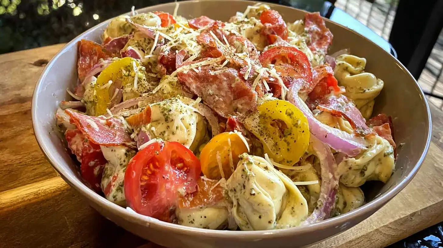 A vibrant grinder tortellini salad with various vegetables and meats.