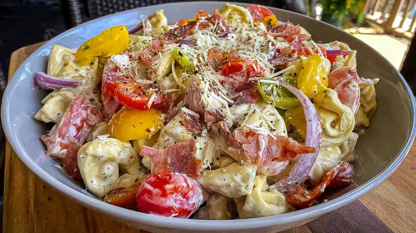 A vibrant Grinder Tortellini Salad filled with colorful ingredients.