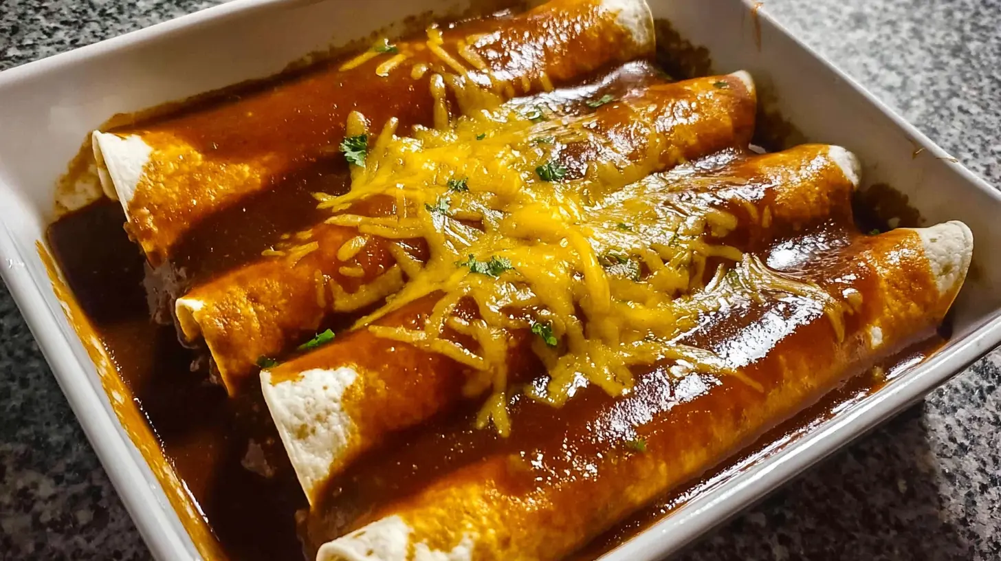 A plate of ground beef enchiladas topped with red sauce and melted cheese.