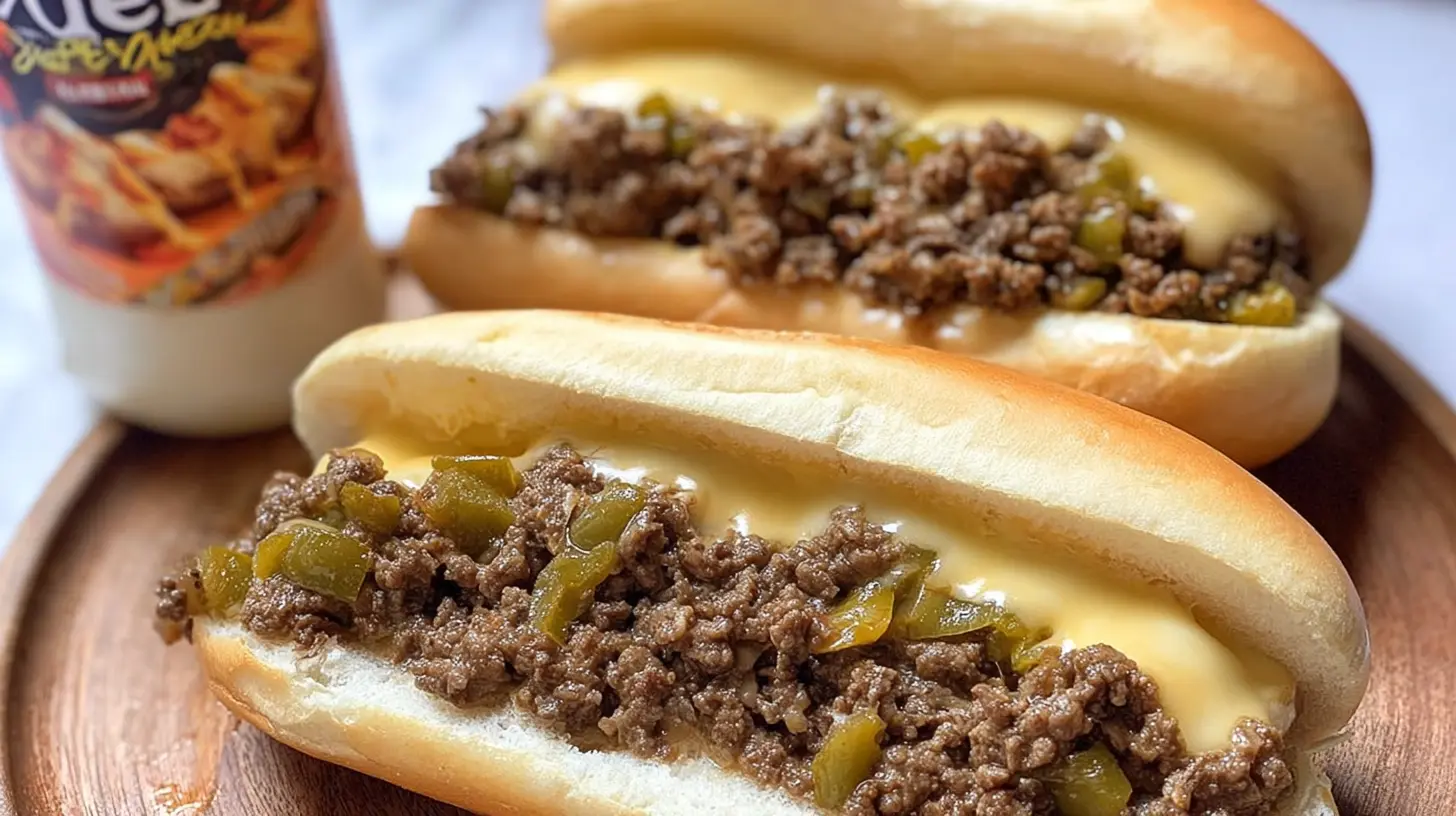 A close-up of delicious ground beef Philly cheesesteaks, ready to serve.